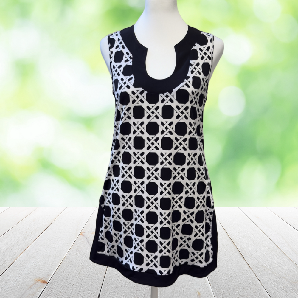 New WHBM Cane Print Tunic Top Mod Geometric Jersey Side Slit Black White Size S